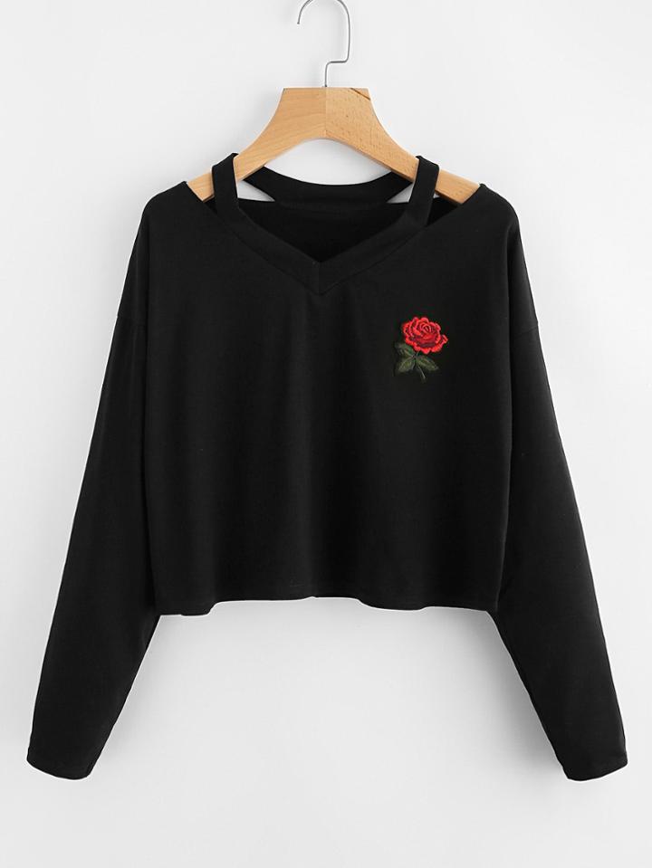 Romwe Cut Out Neck Rose Patch Tee