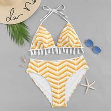 Romwe Plus Chevron Tassel Trim Top With High Waist Bikini
