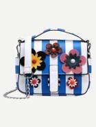 Romwe Blue Striped Flower Applique Double Face Bag