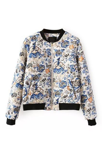 Romwe Floral Print Zippered Casual Jacket