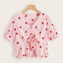 Romwe Strawberry Print Flounce Sleeve Blouse