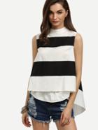 Romwe Black White Striped Mock Neck Swing Top
