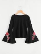 Romwe Fluted Sleeve Rose Embroidered Applique Tee