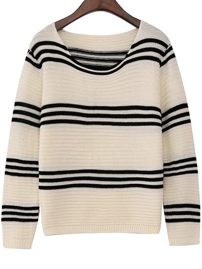 Romwe Round Neck Striped Wine White Sweater