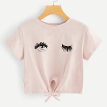 Romwe Knot Hem Eyes Print Tee