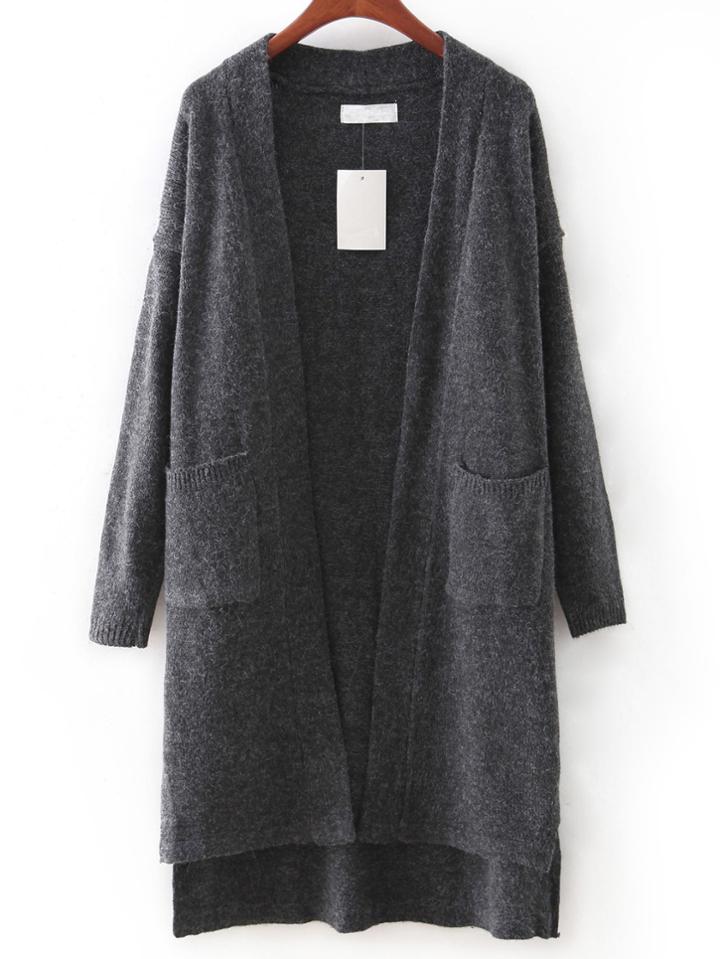 Romwe Grey Pocket High Low Cardigan