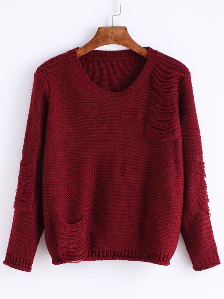 Romwe Long Sleeve Ripped Maroon Sweater