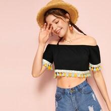 Romwe Off The Shoulder Tassel Trim Tee