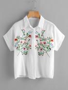 Romwe Tropical Embroidered Front Cuffed Blouse