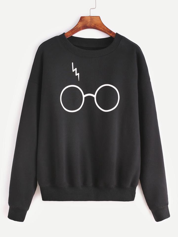 Romwe Black Glasses Print Drop Shoulder Sweatshirt