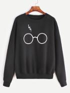 Romwe Black Glasses Print Drop Shoulder Sweatshirt