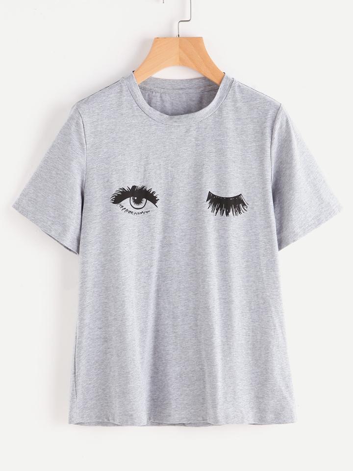 Romwe Wink Eyes Print Heathered Tee