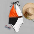 Romwe Colorblock Backless Halter One Piece Swimsuit