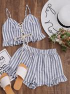Romwe Striped Lace Up Smocked Cami And Ruffle Shorts Co-ord
