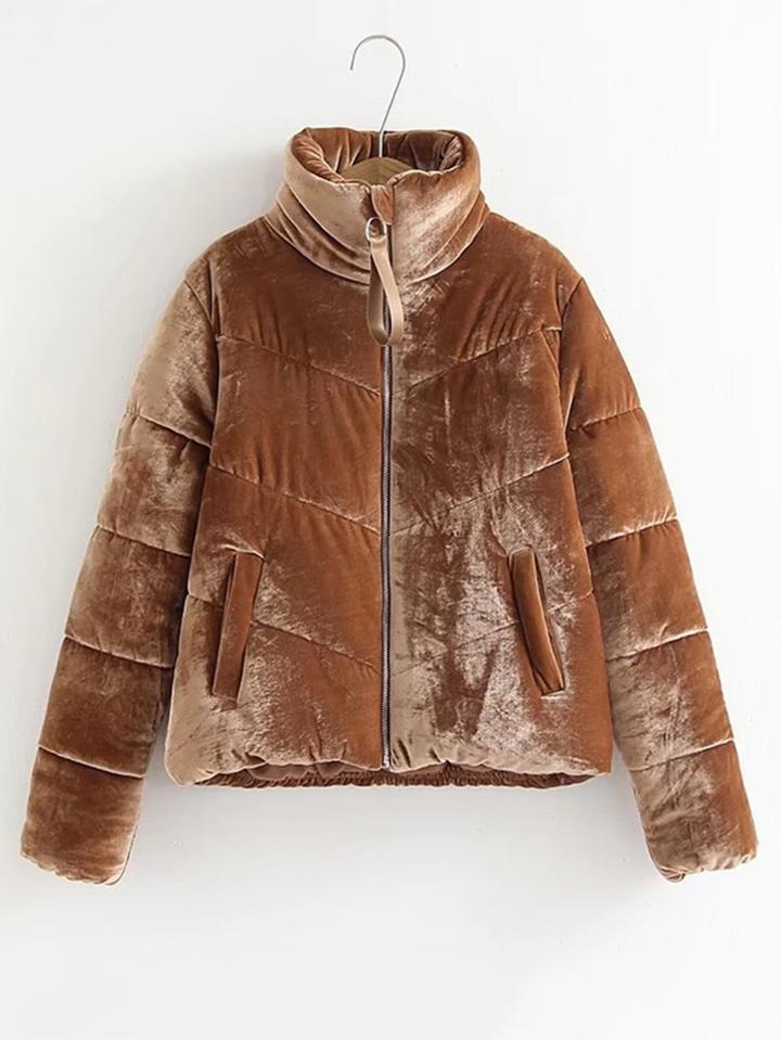 Romwe High Neck Velvet Padded Coat