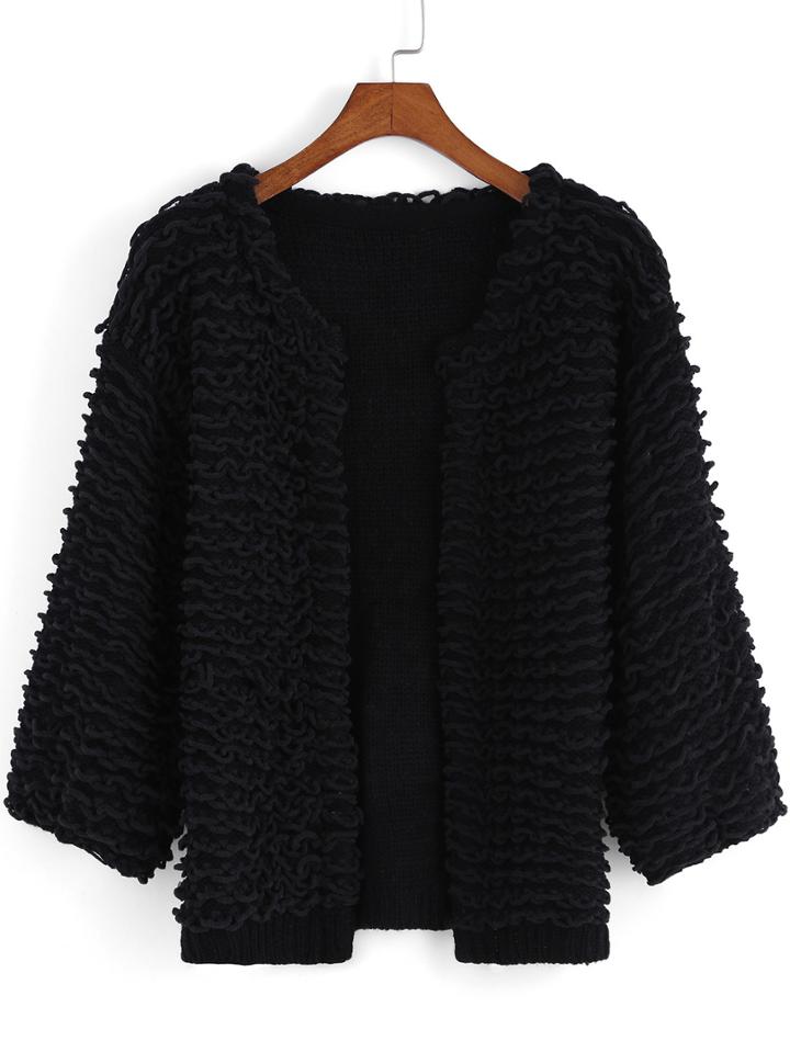 Romwe Open Front Loop Black Coat