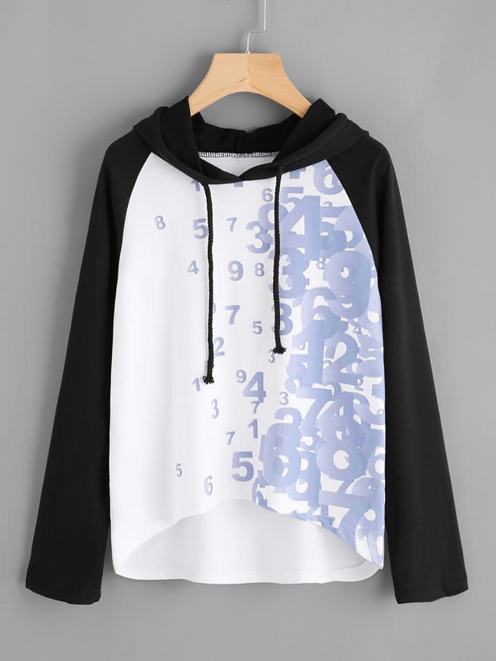 Romwe Contrast Sleeve Number Print Dip Hem Hoodie
