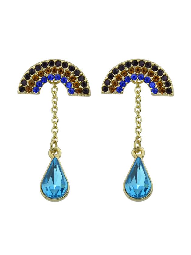 Romwe Colorful Rhinestone Blue Crystal Semicircle Geometric Drop Earrings