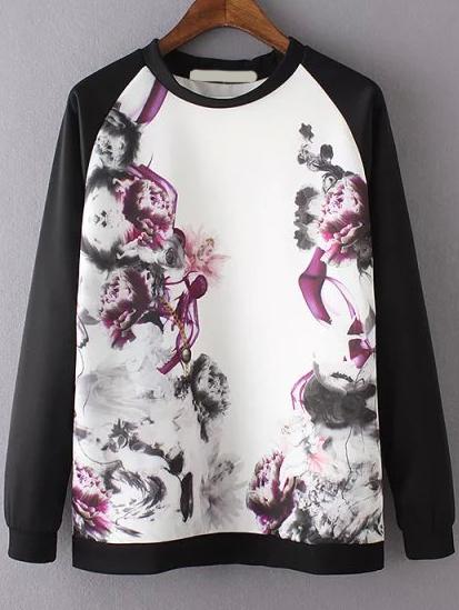 Romwe Raglan Sleeve Ink Flower Print Sweatshirt