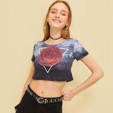 Romwe Tie Dye Floral Print Crop Tee