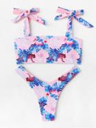 Romwe Tie Strap Jungle Print Bikini Set