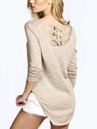 Romwe Apricot Lace Insert Cutout Bow Back T-shirt