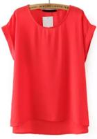 Romwe Red Round Neck Short Sleeve Loose Blouse