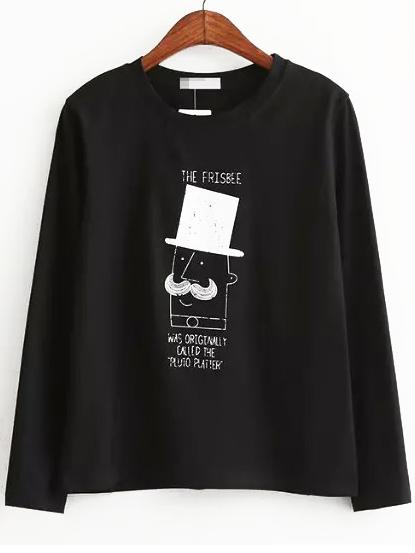 Romwe Cartoon Print Long Sleeve Black T-shirt