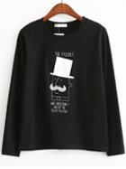 Romwe Cartoon Print Long Sleeve Black T-shirt