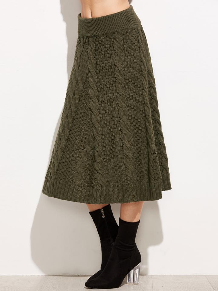 Romwe Army Green Cable Knit A-line Skirt