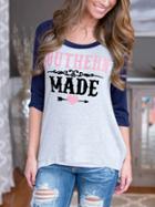 Romwe Navy Raglan Sleeve Letter Print T-shirt