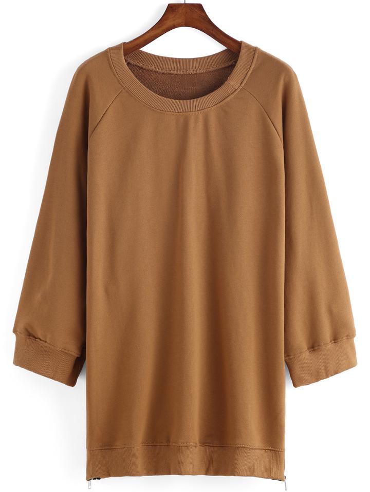 Romwe Round Neck Zipper Side Khaki Sweatshirt