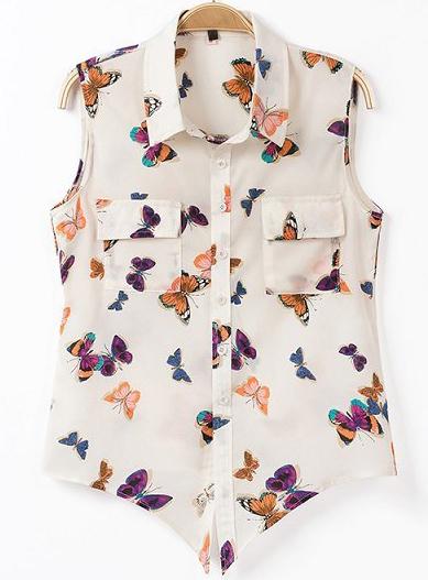 Romwe Beige Lapel Sleeveless Butterfly Print Blouse