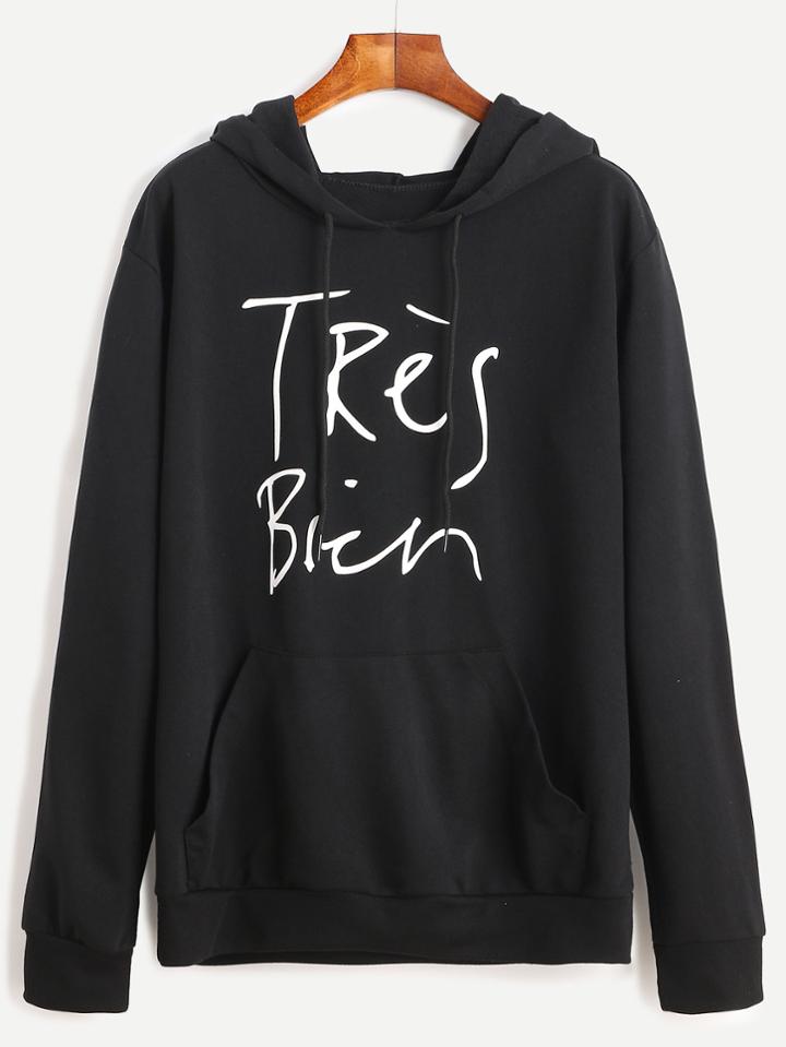 Romwe Black Slogan Print Pocket Hooded Sweatshirt