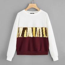 Romwe Contrast Sequin Panel Colorblock Sweatshirt