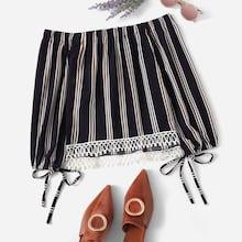 Romwe Striped Lace Panel Off The Shoulder Top