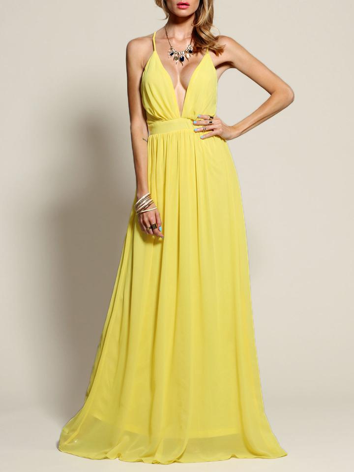 Romwe Yellow Spaghetti Strap V Neck Maxi Dress