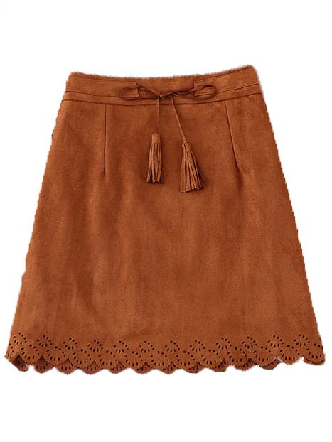 Romwe Scalloped Hem Suede A-line Camel Skirt