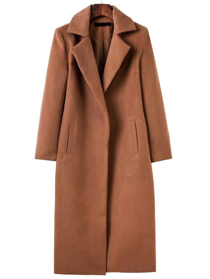 Romwe Brown Lapel Neck Pocket Long Coat