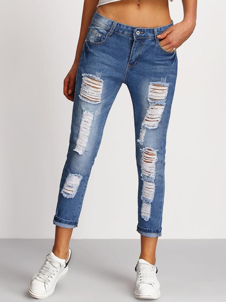 Romwe Blue Distressed Denim Pant