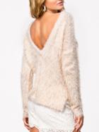 Romwe Cut Out Back Split Side Fuzzy Sweater