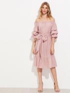 Romwe Bardot Ruched Sleeve Frill Hem Self Tie Dress