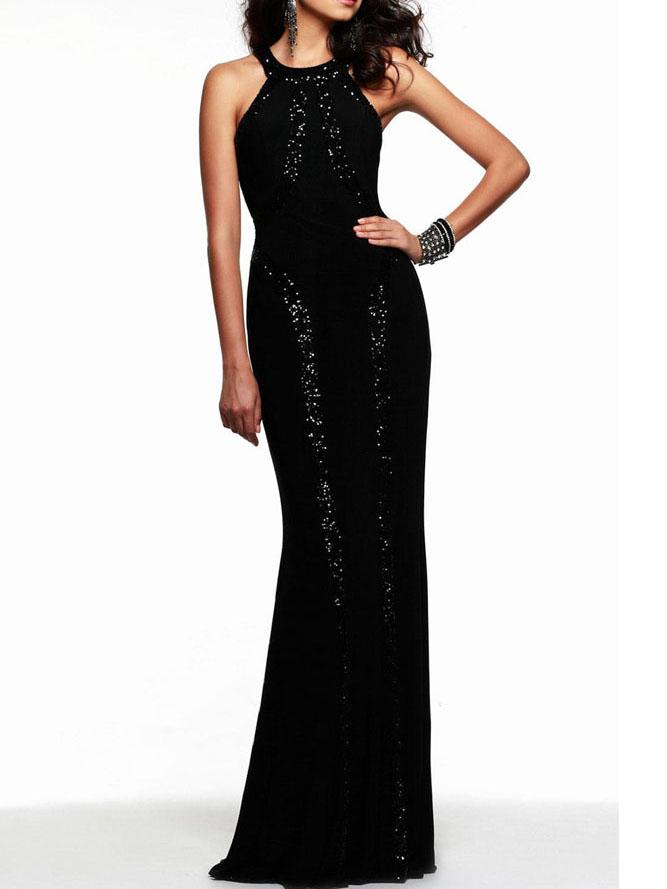 Romwe Halter Neck Sequin Panel Maxi Dress - Black