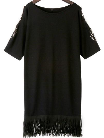 Romwe Open Shoulder Bead Tassel Black Dress