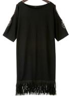Romwe Open Shoulder Bead Tassel Black Dress