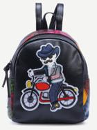 Romwe Black Motorcycle Man Patch Animal Print Backpack