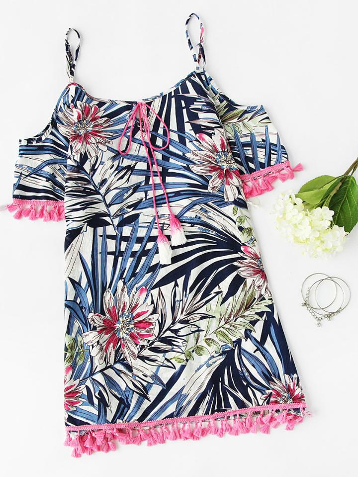 Romwe Open Shoulder Printed Random Tassel Hem Dress