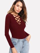 Romwe Plunge Crisscross Marled Knit Ribbed T-shirt
