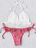 Romwe Flounce Detail Crochet Mix & Match Bikini Set