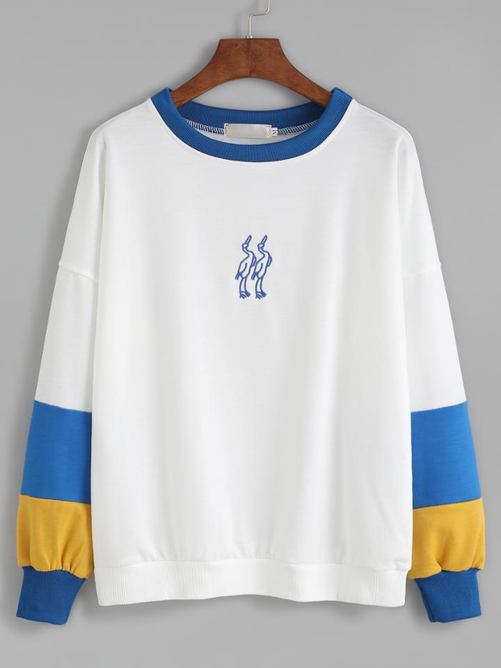 Romwe White Drop Shoulder Contrast Sleeve Embroidered Sweatshirt